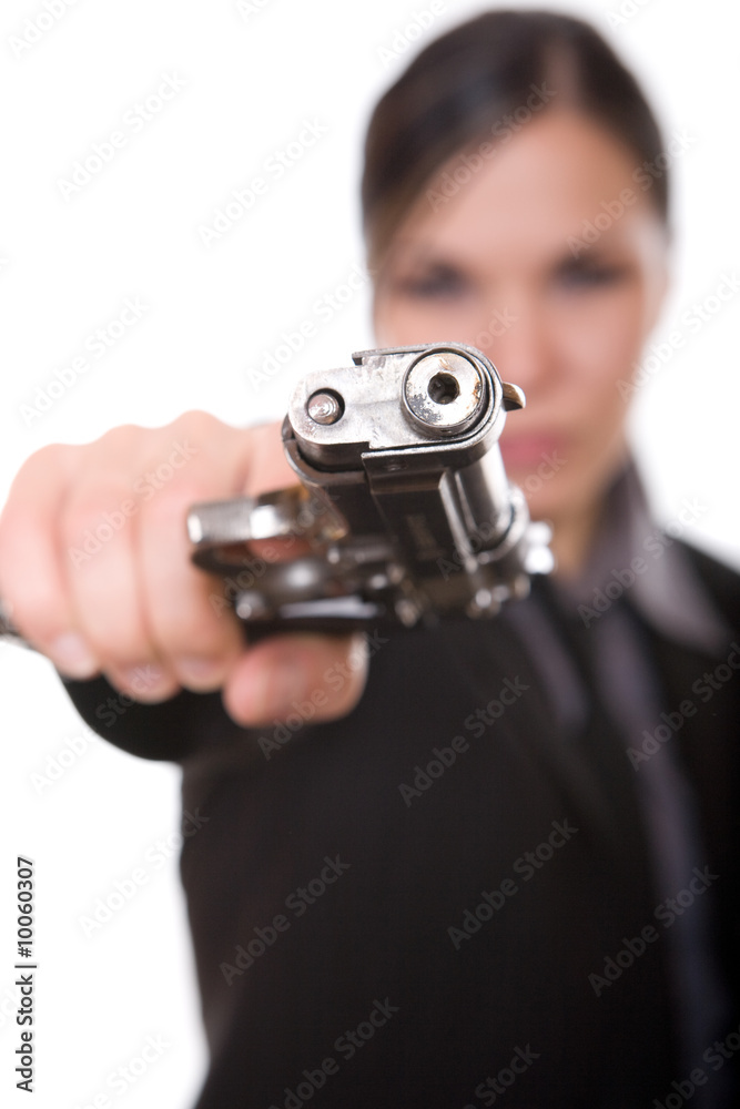 attractive brunette woman with gun on white background attractive brunette woman with gun on white background