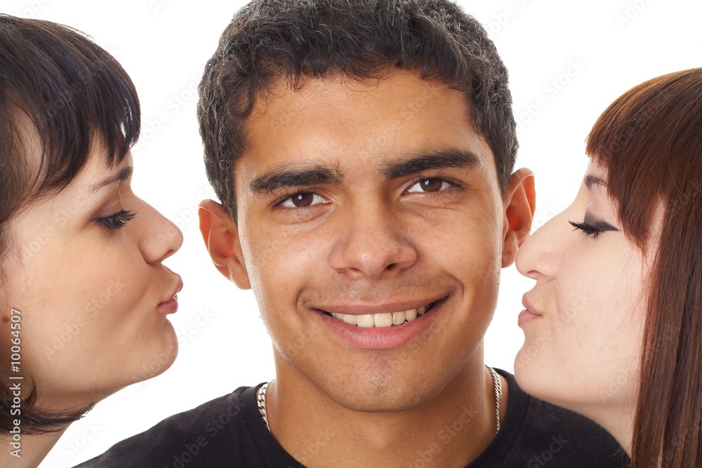 Kiss. Portrait of three happy friends Kiss. Portrait of three happy friends