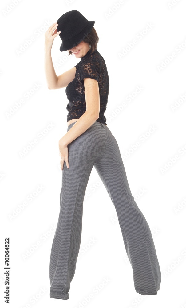 woman with hat standing against isolated white background