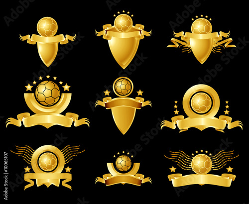 golden football emblems, ribbons and shields