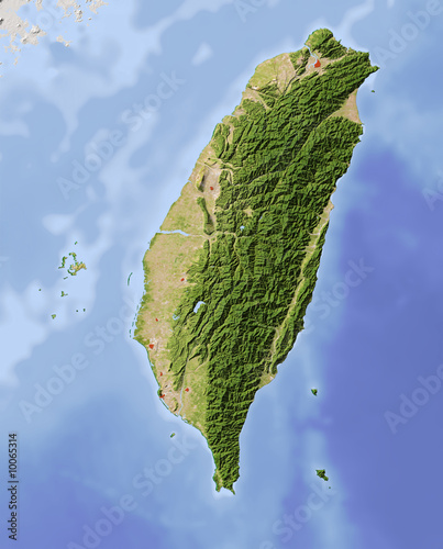 Taiwan. Shaded relief map, colored for vegetation.