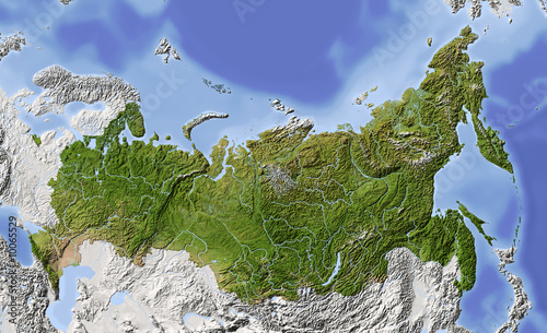 Russia. Shaded relief map, colored for vegetation.