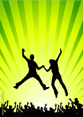 Couple jumping over the crowd