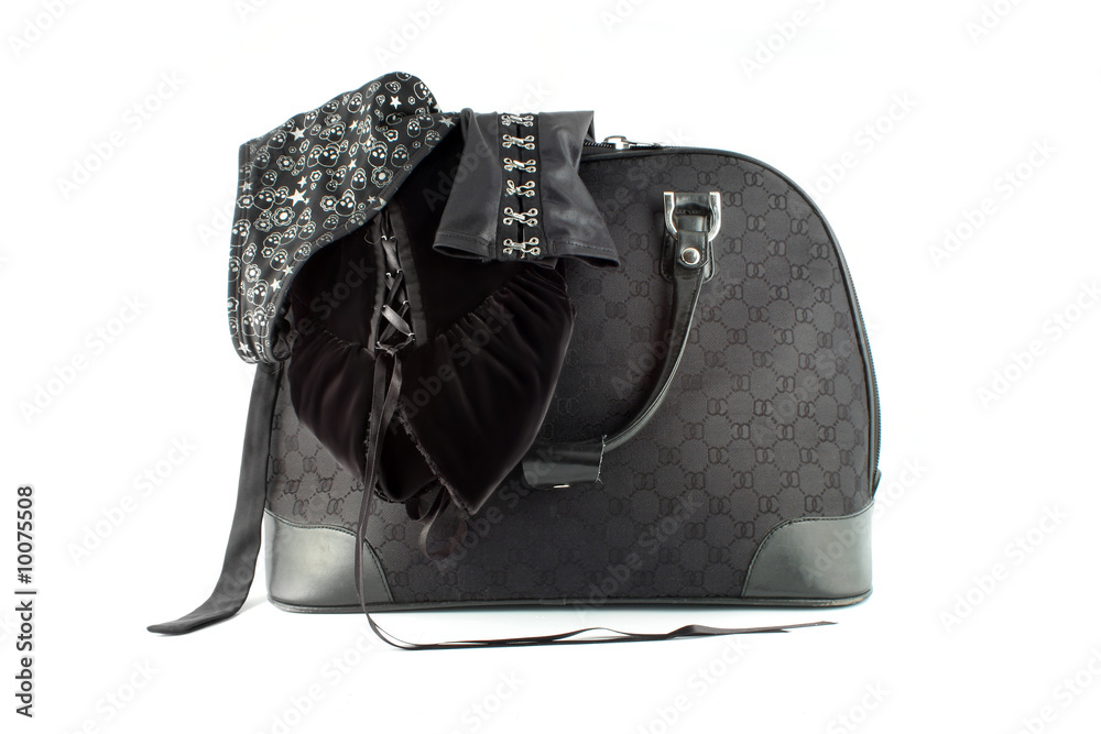 Naklejka premium small suitcase with sexy velvet and skull print gothic clothing