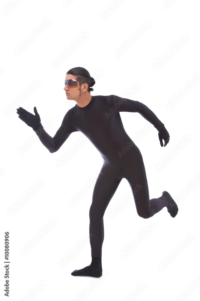 futuristic runner man dressed up with black and have sunglass futuristic runner man dressed up with black and have sunglass
