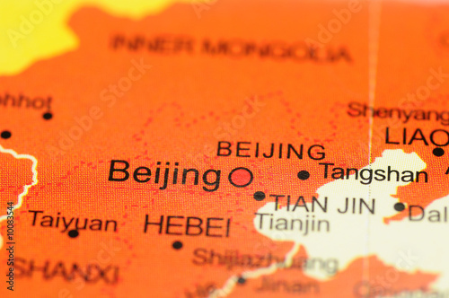 Closeup of Beijing, China on map