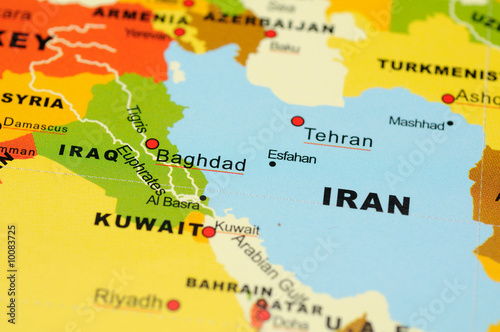 Close up of Iran and Irag on map
