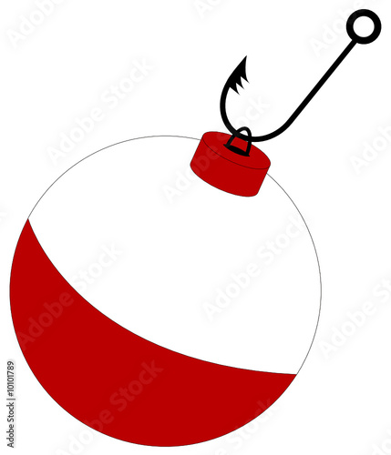barbed fishing hook attached to red and white bobber photo