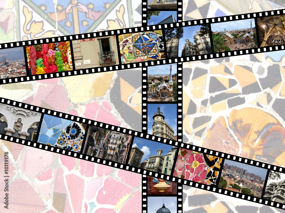 Fototapeta premium Film strips with travel photos. Barcelona, Spain.