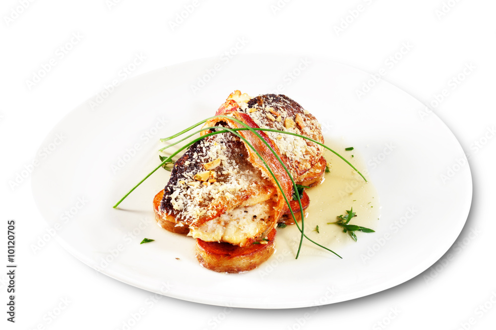 Fillet of Trout Wrap in Bacon with Greens and Sauce Fillet of Trout Wrap in Bacon with Greens and Sauce