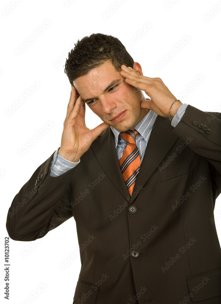 Businessman in a suit gestures with a headache Businessman in a suit gestures with a headache