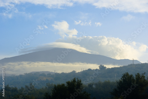 panorama volcano etna cloud cover and fog