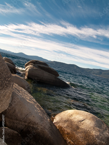 Clear view of the lake and sky, with mountains in the distance.