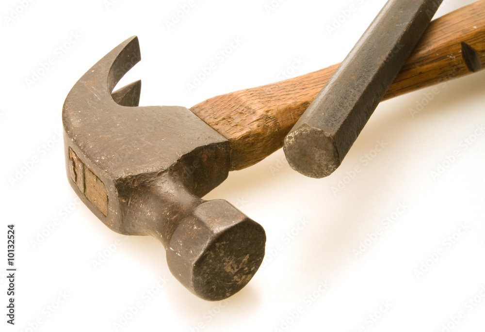 Old woodl hammer and steel flat prybar Old woodl hammer and steel flat prybar