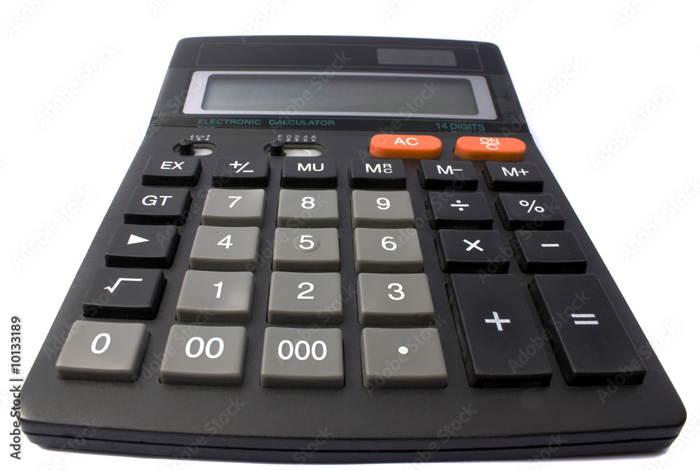 The black calculator on a white background is isolated The black calculator on a white background is isolated
