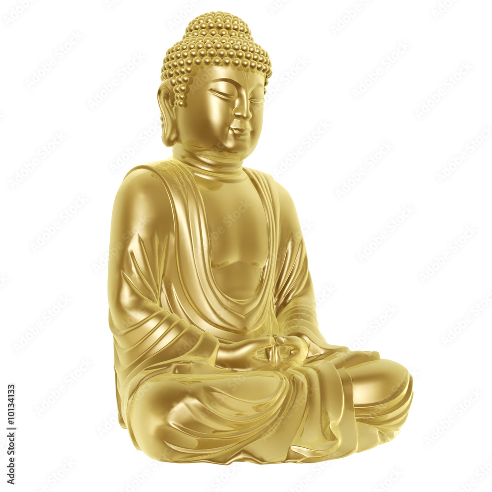 golden buddha sitting cross-legged on white background