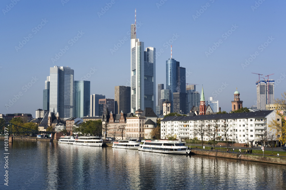 skyscrapers financial district, Main river, boats, Frankfurt