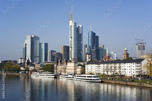 skyscrapers financial district  Main river  boats  Frankfurt