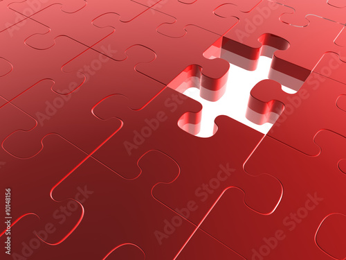3D render of a Red Jigsaw Puzzle with missing piece.