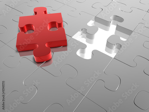 3D render of a Jigsaw Puzzle with a missing piece.