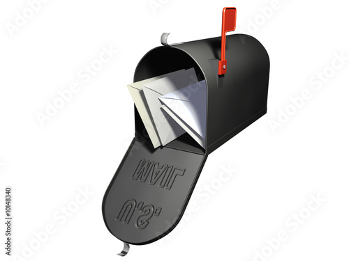 An isolated open mailbox with letters inside on white background