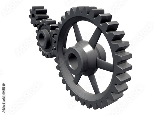 An isolated detail of three cogwheels on white background