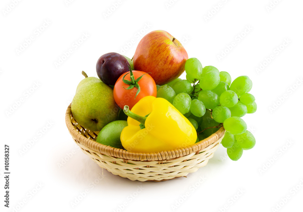 fruits and vegetables in basket isolated on the white background