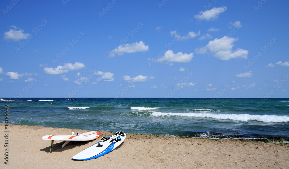 Two board for windsurfing on the beach. Black Sea, Bulgaria. Two board for windsurfing on the beach. Black Sea, Bulgaria.