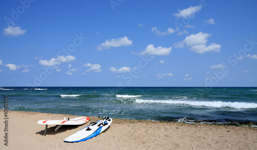 Two board for windsurfing on the beach. Black Sea, Bulgaria.