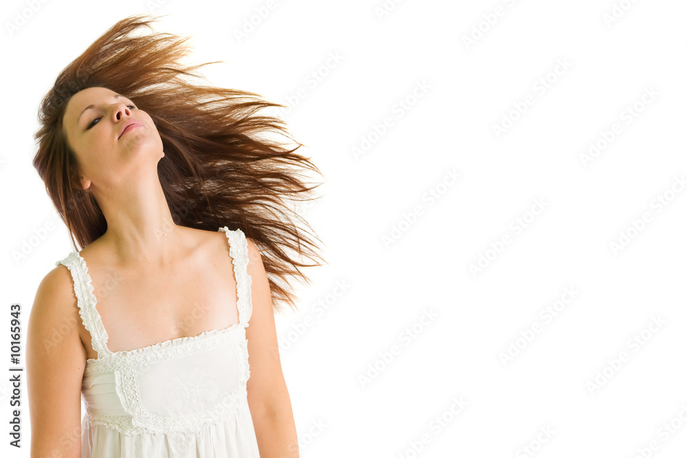girl in white dress shaking her head with hair on the move girl in white dress shaking her head with hair on the move