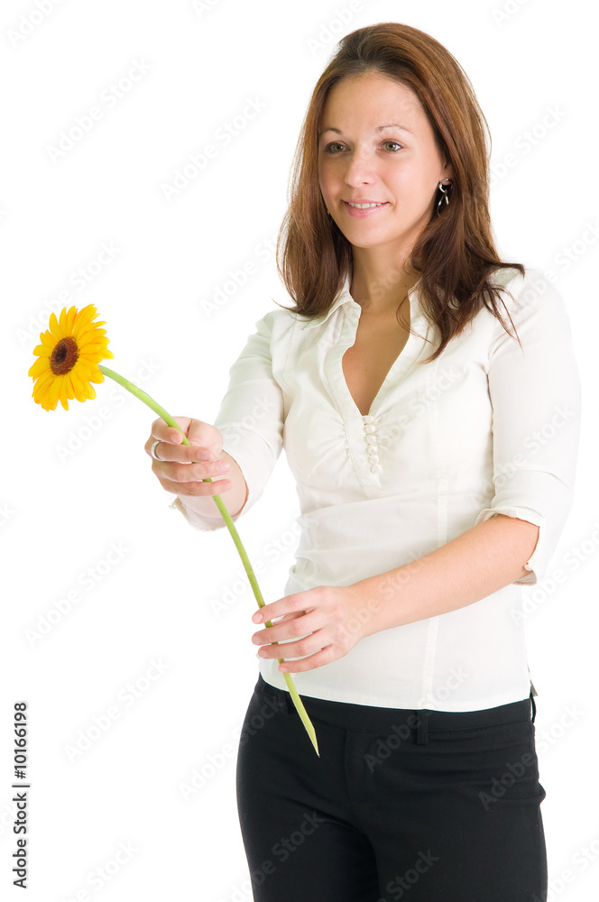 detail of girl passing yellow flower, isolated on white detail of girl passing yellow flower, isolated on white