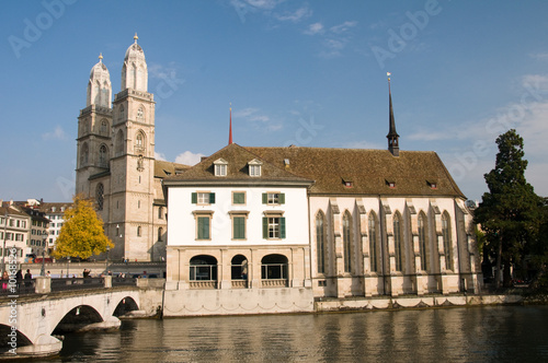 View across River to Helmhaus & Grossmunster Cathedral, Zurich