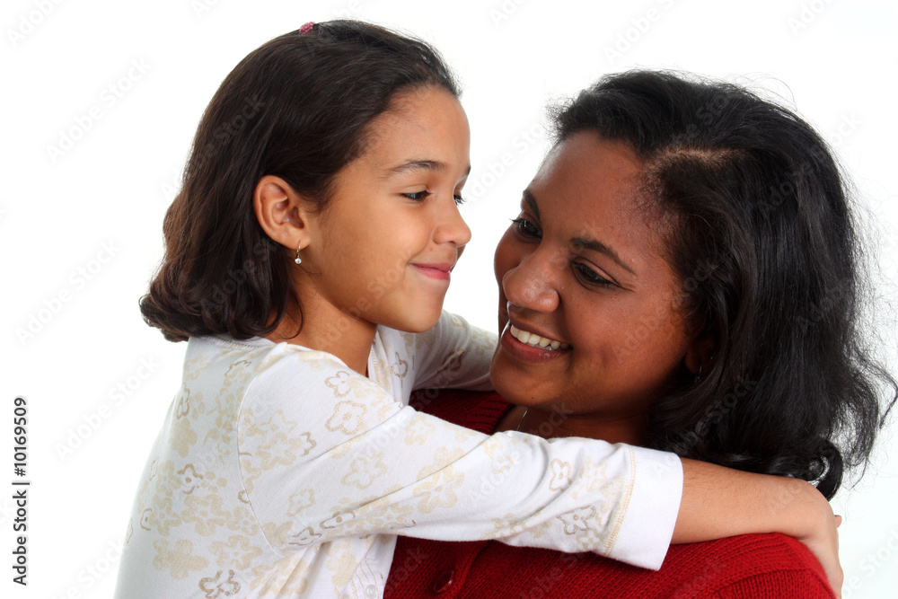 Minority woman and her daughter on white background Minority woman and her daughter on white background