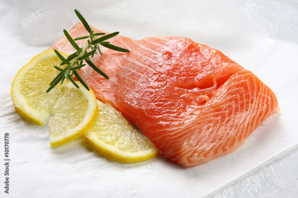 Atlantic salmon steak with lemon and rosemary. Atlantic salmon steak with lemon and rosemary.