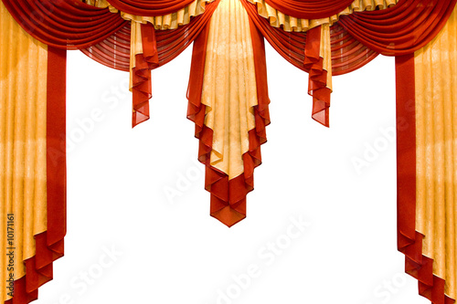 red with gold stage curtain isolated on white