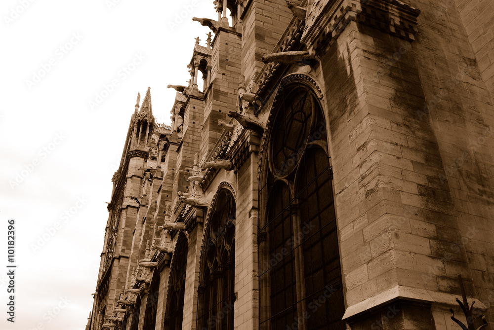 Notre Dame Cathedral retro style in sepia color, Paris, France