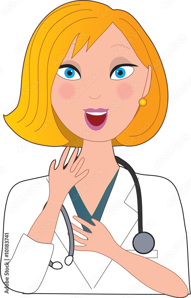 Front view of a blond caucasian nurse with a stethoscope
