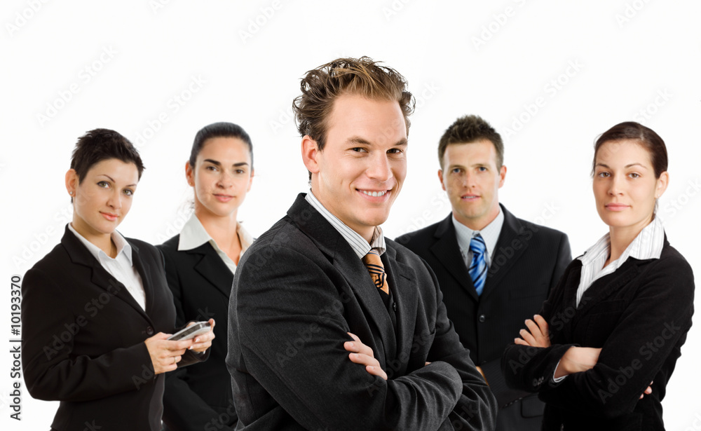Team photo of happy business people, white background. Team photo of happy business people, white background.