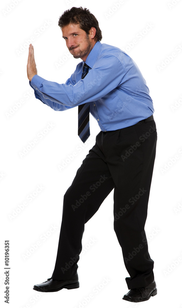 young business man pushing concept isolated on white young business man pushing concept isolated on white