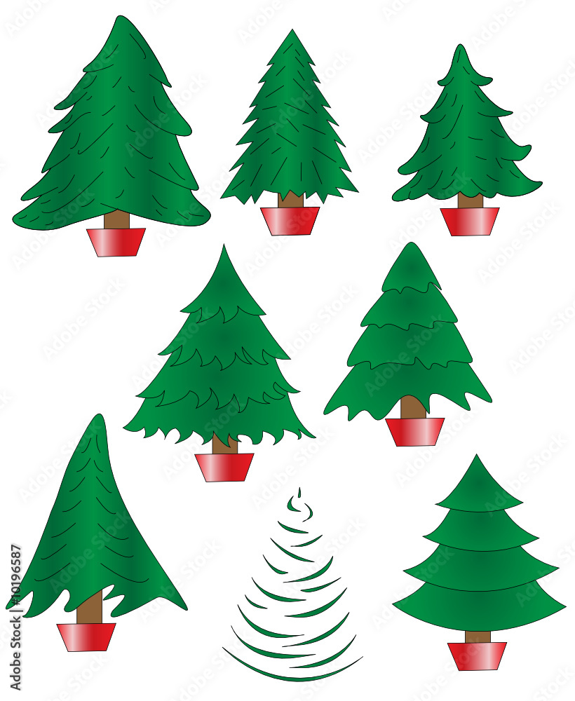 Collection of 8 Undecorated Christmas Trees in Basic Pots
