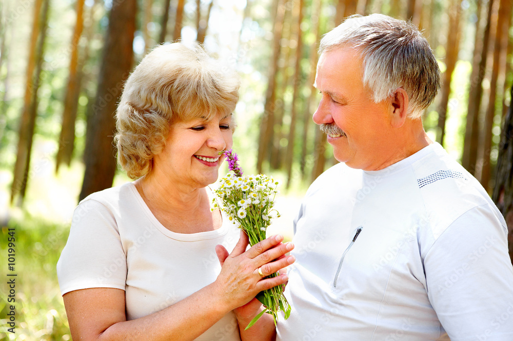 Smiling happy elderly couple in love outdoor . Smiling happy elderly couple in love outdoor .