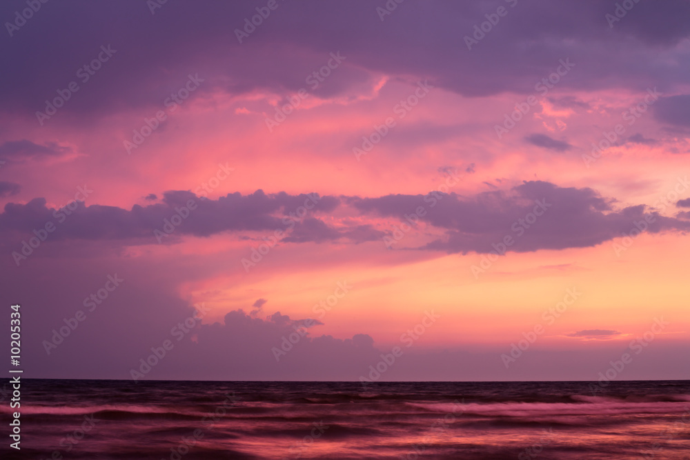 Sunset on sea with purple sky. Black Sea, Russia