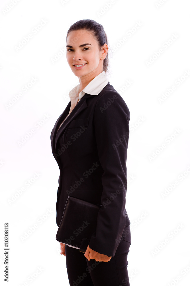 Happy businesswoman walking, smiling, isolated on white. Happy businesswoman walking, smiling, isolated on white.