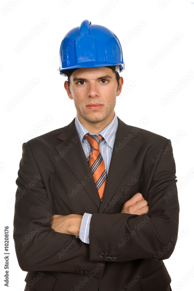 An engineer with blue hardhat, isolated on white