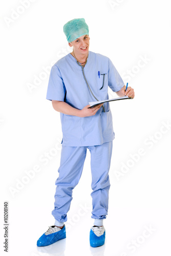 Male nurse, checking patient data, white background,