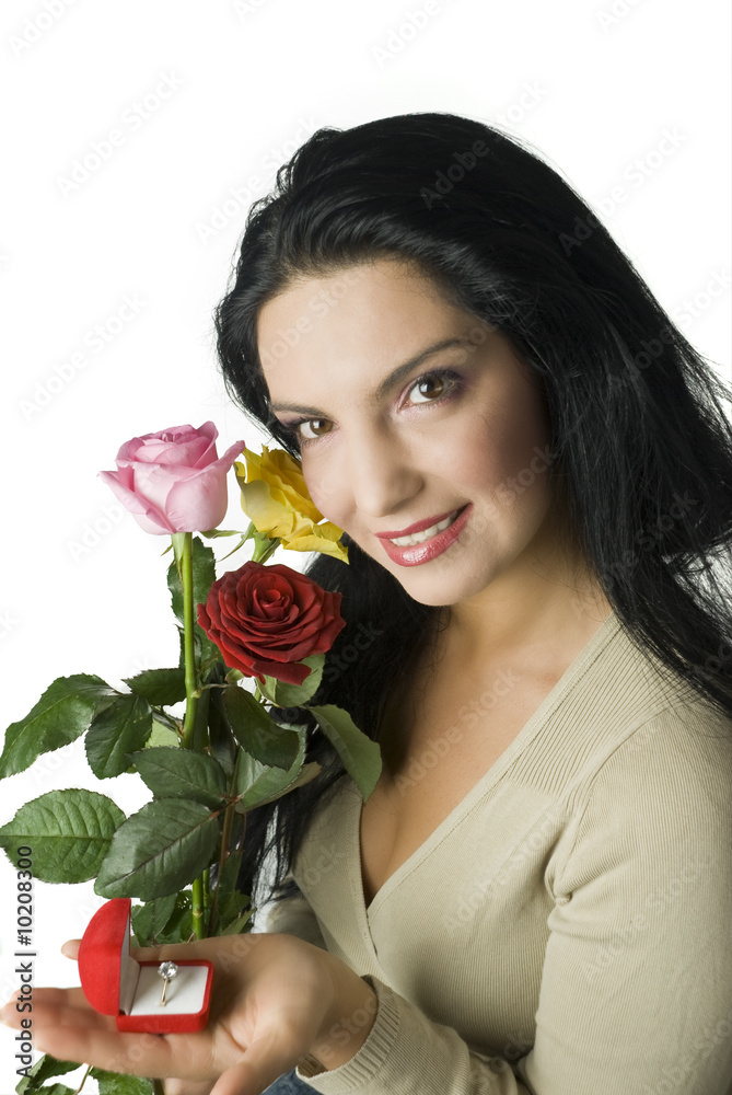 Happy women just received a ring and roses... Happy women just received a ring and roses...