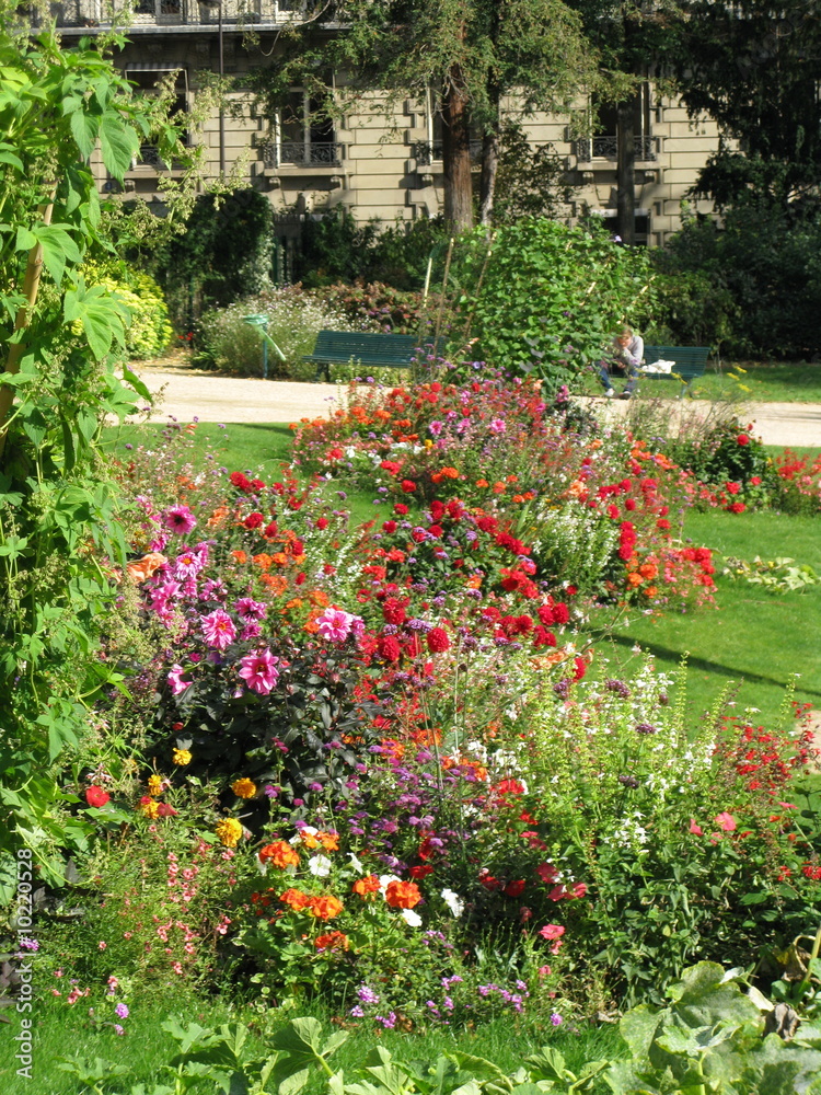 Jardin public parisien avec pelouse et fleurs. France.