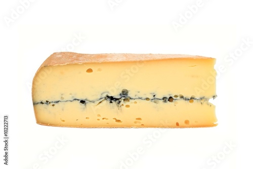Slice of french cheese, Morbier variety; isolation on white