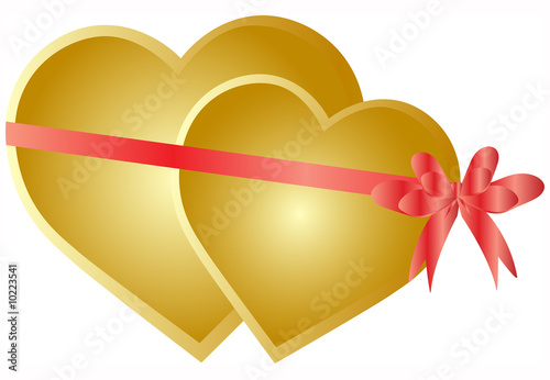 Two gold hearts connected by a bow on a white background