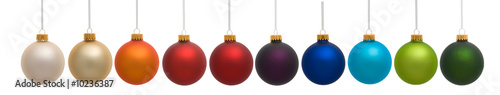 Ten colorful Christmas ornaments on white background